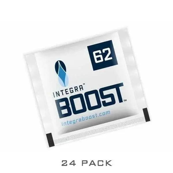 A packet labeled Integra Boost 2-Way Humidity Control 8 Gram - 62% RH, a salt-free solution by Integra Boost; text reads 24 pack.